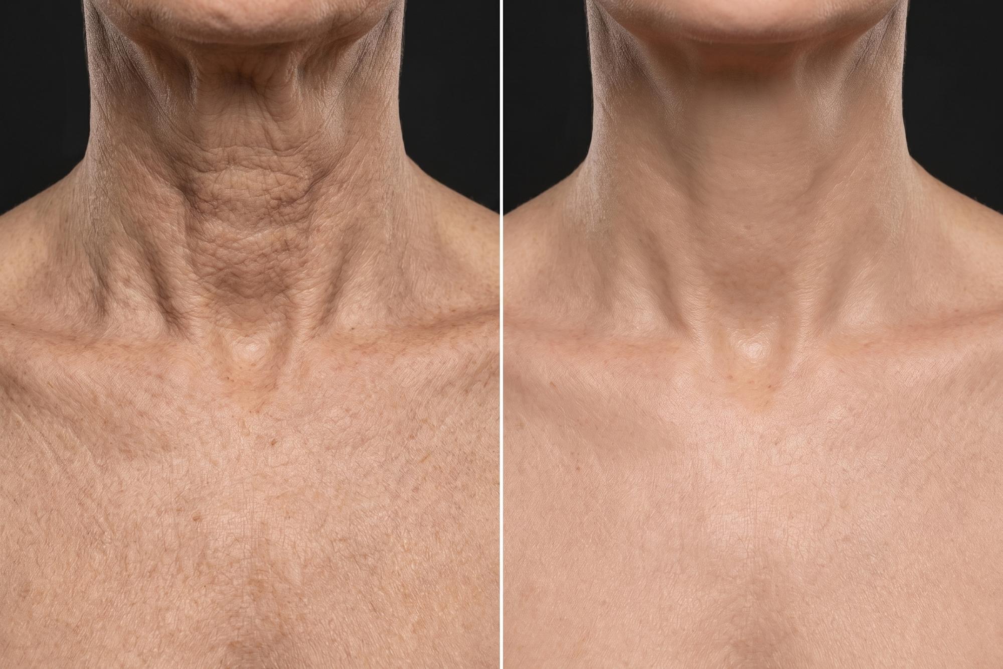 Crepey arm skin before and after using a firming body oil